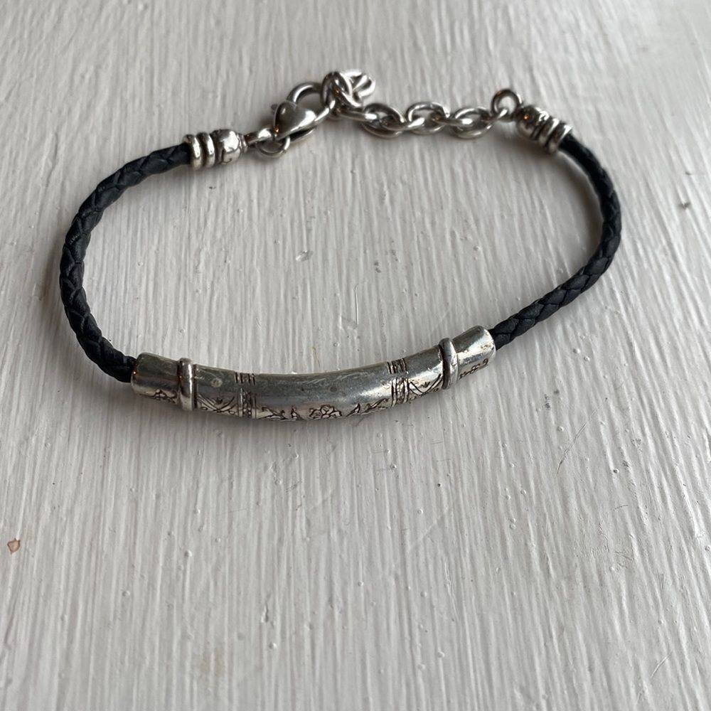 BRIGHTON vintage braided leather and etched silver bar bracelet